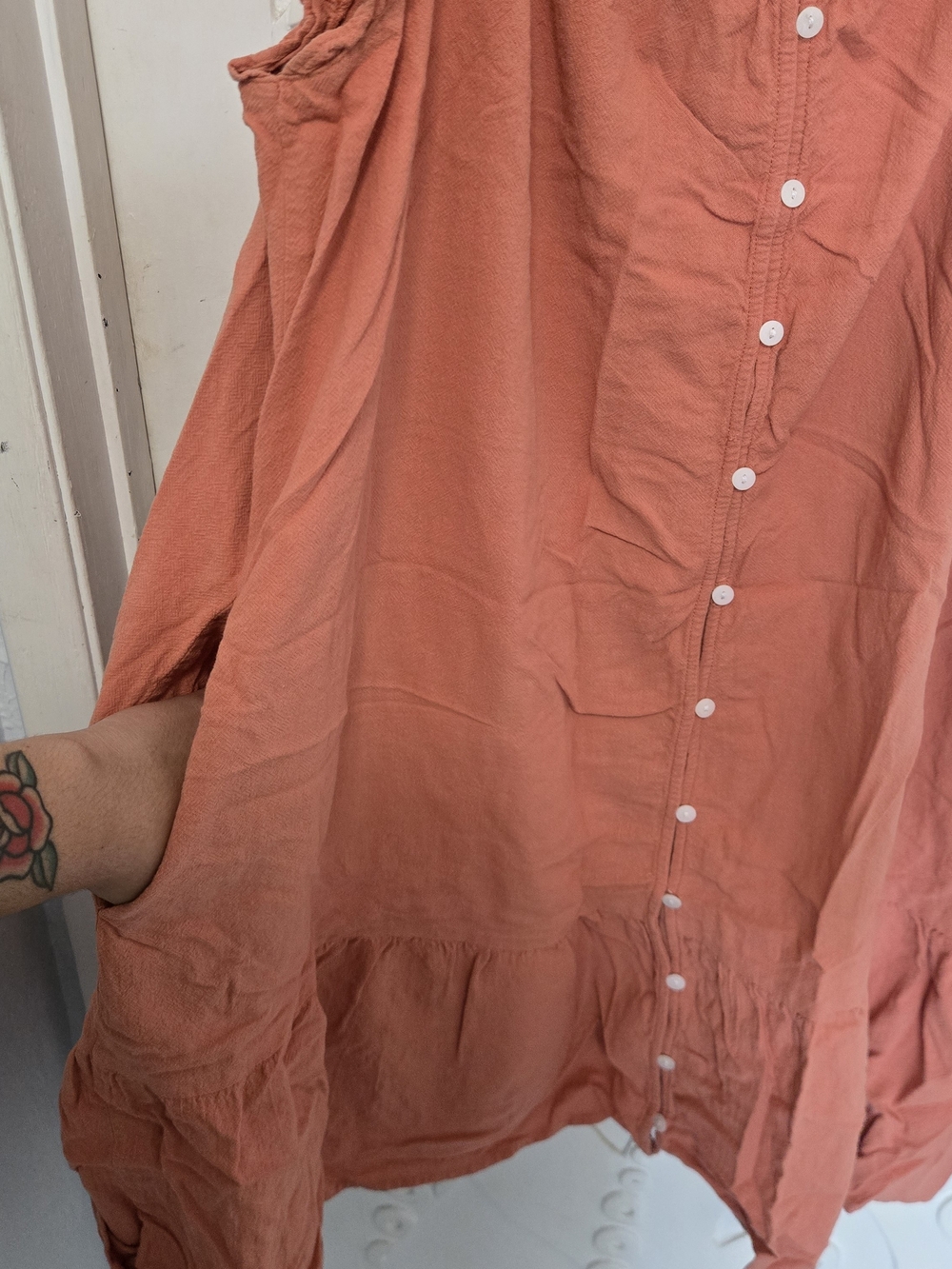 Universal Thread Ruffle-Shoulder Button Front Dress in Rust - Picture 7 of 11